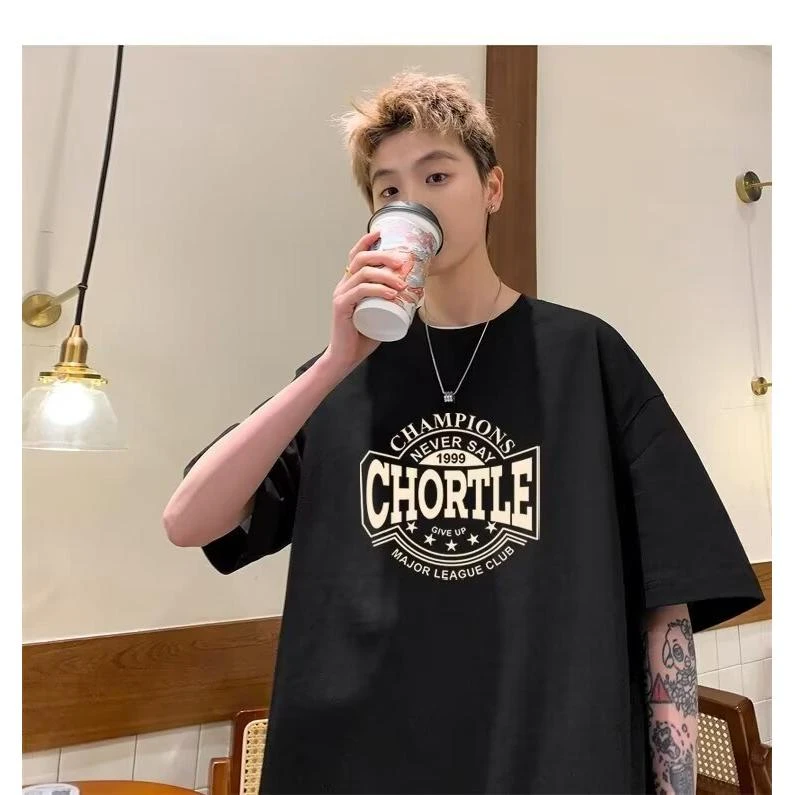 短袖t恤男潮牌夏季宽松五分袖2024年新款网红潮流ins简约印花上衣