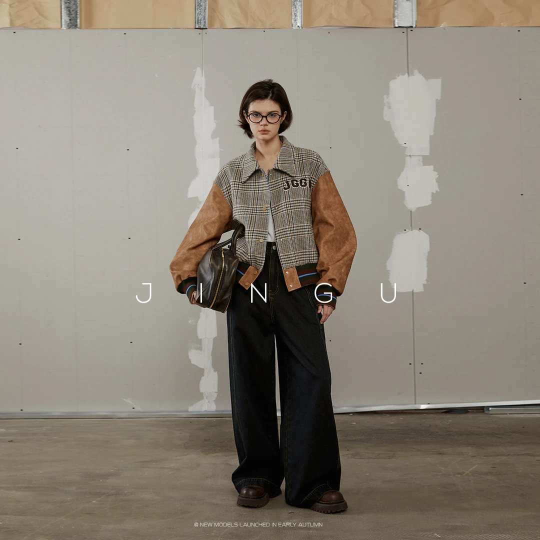 黑标毛呢格子拼皮夹克外套牛仔短款复古宽松上衣JG11230375