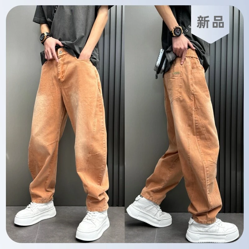 水洗阔腿复古中腰弯刀痞帅慵懒风男装裤子男式中腰复古阔腿牛仔裤