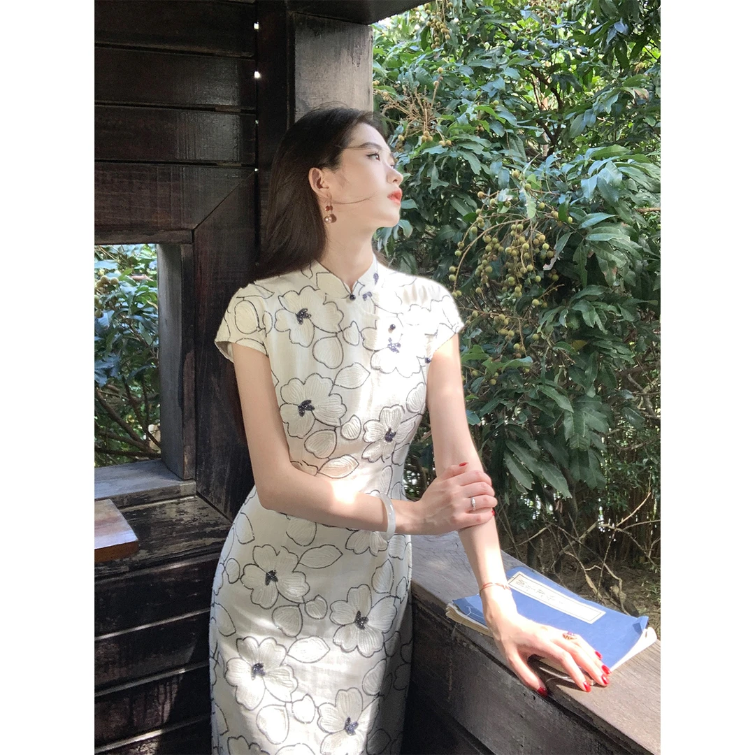 凌茜恣禾【玉绡】国风新中式复古绣花开叉连衣裙气质端庄改良旗袍裙