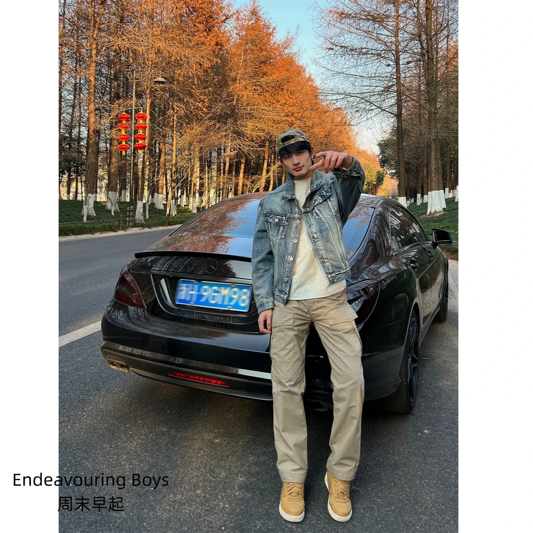 周末早起 美式春秋短款14盎司重磅阔感水洗做旧休闲牛仔夹克复古