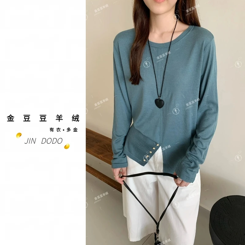 金豆豆•新澳精纺极细羊毛圆领下摆开叉老钱通勤女士套头长袖2566