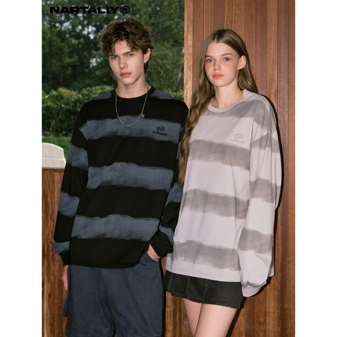 NARTALIY秋季新款复古扎染条纹慵懒长袖T恤针织宽松美式圆领T384