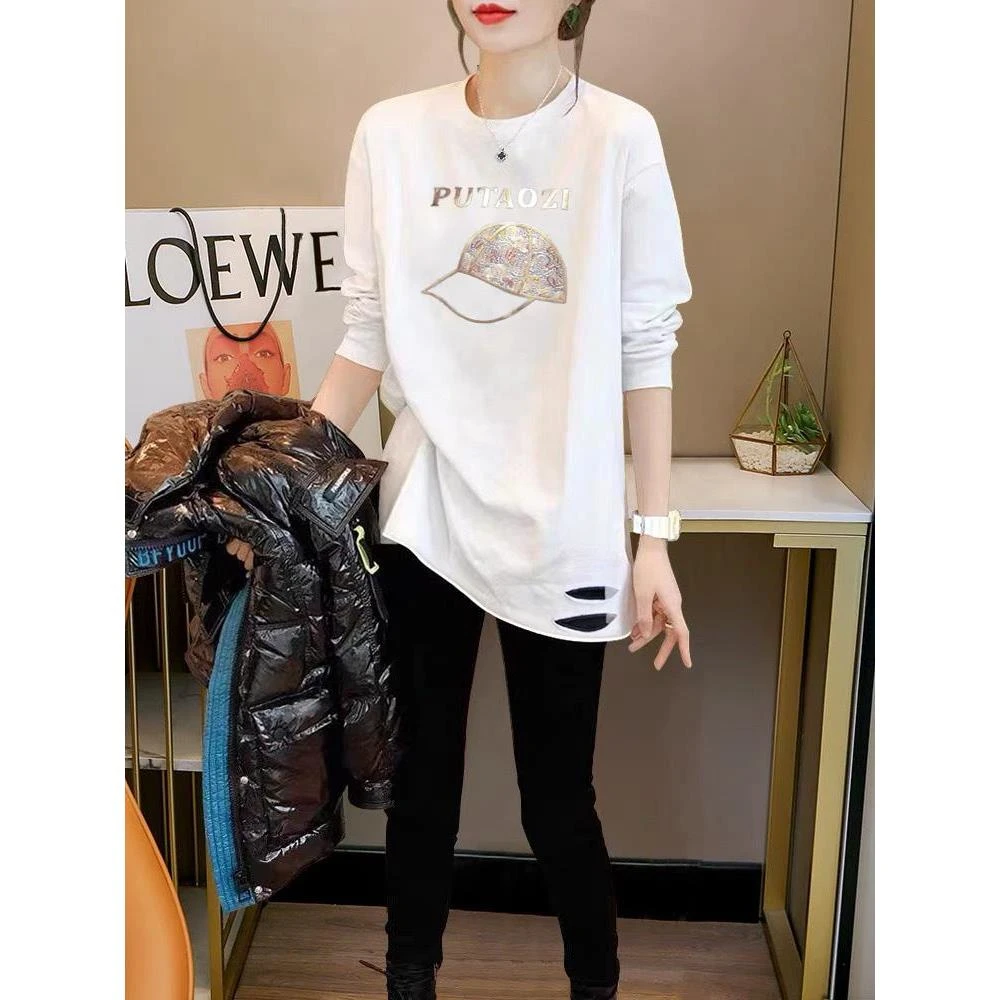 白色德绒中长款春秋冬季T恤衫别致设计感上衣女打底衫气质内搭潮
