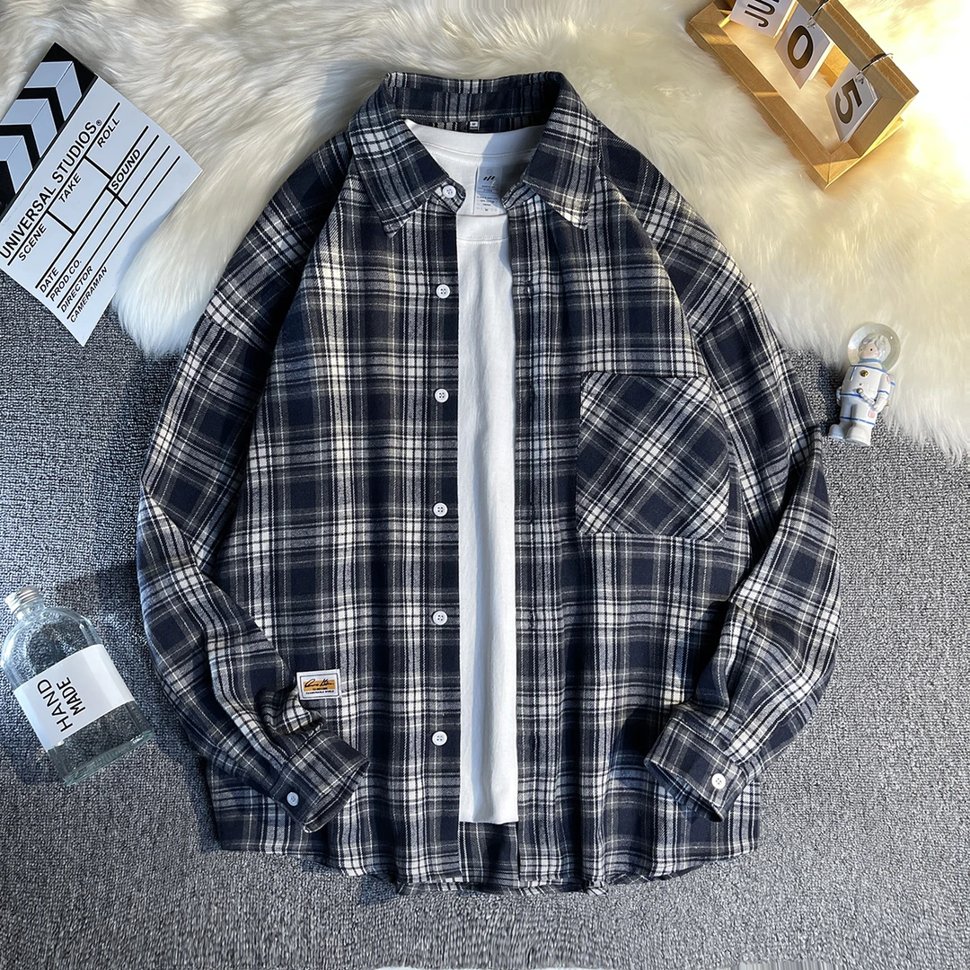 复古棉质春秋季男士长袖衬衫韩版时尚高级休闲百搭外穿衬衣外套