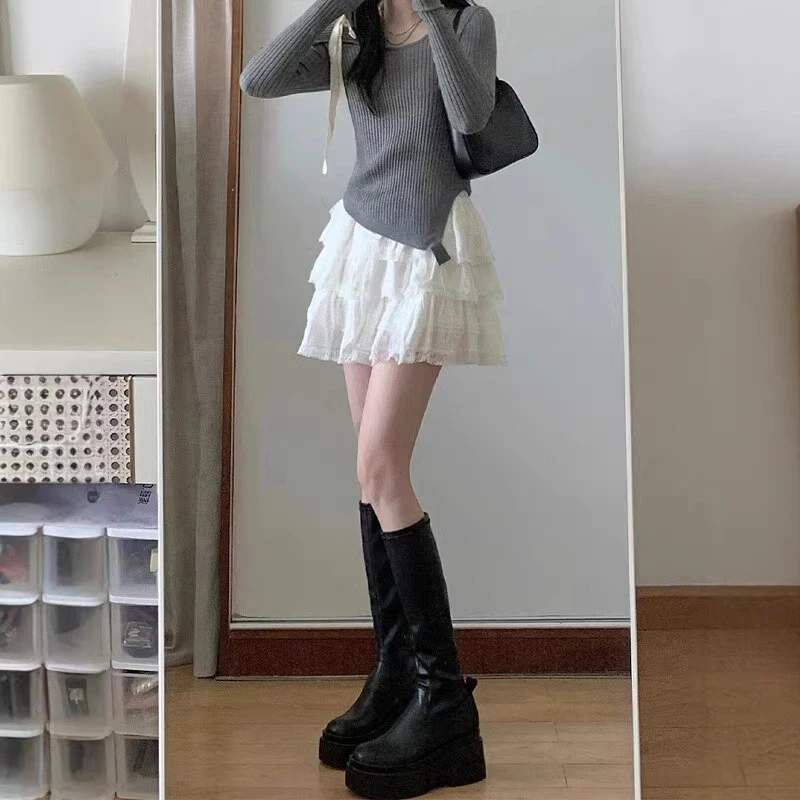 白色蕾丝蓬蓬蛋糕短裙女夏季新款胖妹妹mm高腰遮胯显瘦a字半身裙