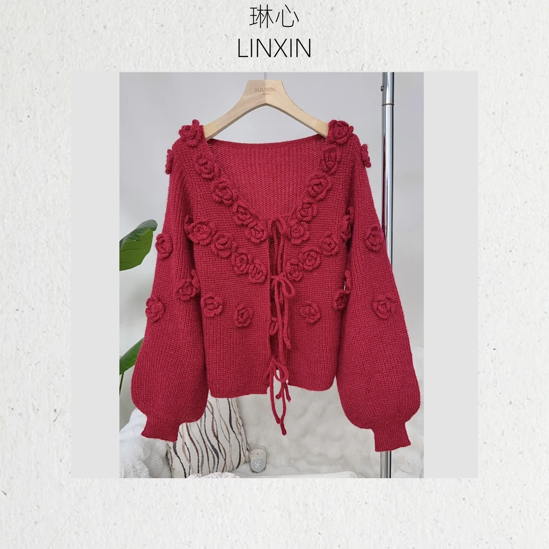 丨红玫瑰丨秋季时尚女装气质高级感立体花朵提花针织衫 1113