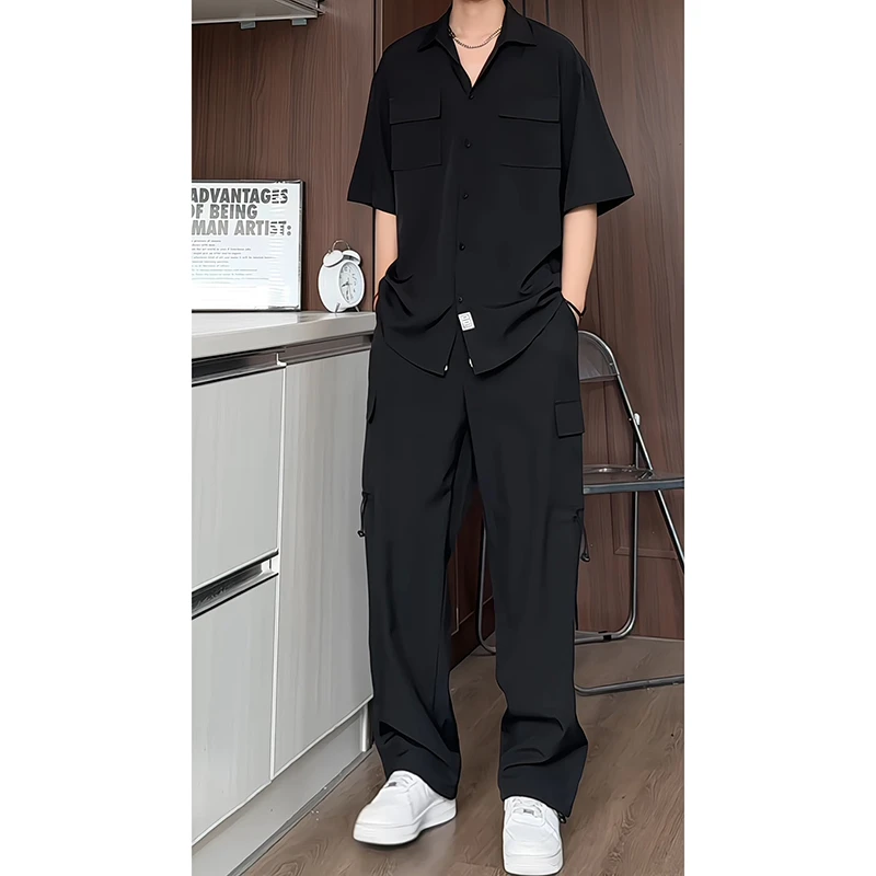 夏季冰丝短袖衬衫休闲裤套装男士宽松纯色两件套潮百搭衬衣长裤子