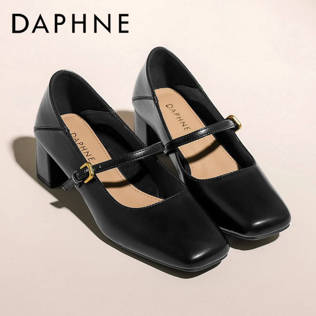达芙妮玛丽珍高跟鞋女2025秋季爆款粗跟一字带单鞋中跟方头小皮鞋