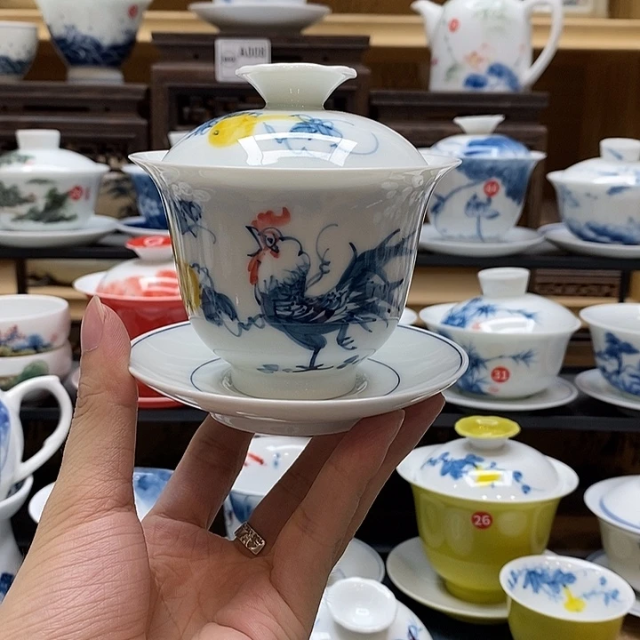 手绘公鸡盖碗160cc釉下彩微瑕福利款