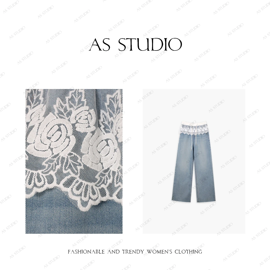 【AS玫瑰小腰】25新韩系蕾丝拼接水洗棉百搭牛仔裤AS25CKU4179