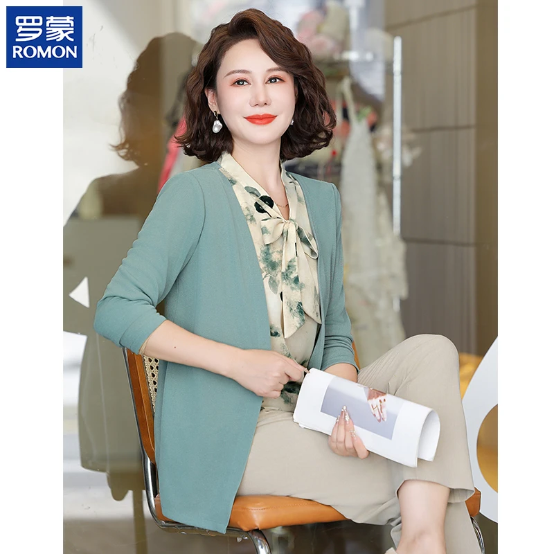 罗蒙年轻妈妈秋装假两件小衫中年花色领结上衣中老年女休闲针织衫