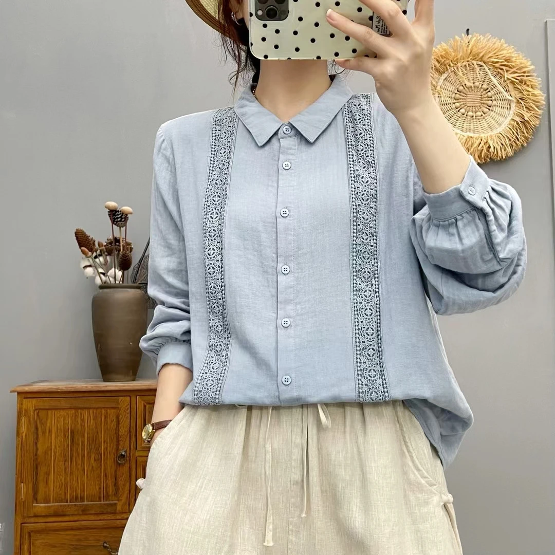刺绣花边韩系翻领长袖棉纱蕾丝拼接衬衫女