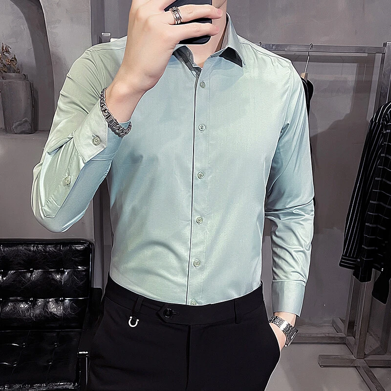高档男士纯色长袖衬衫春季新款潮流轻奢商务时尚休闲衬衣品质男装