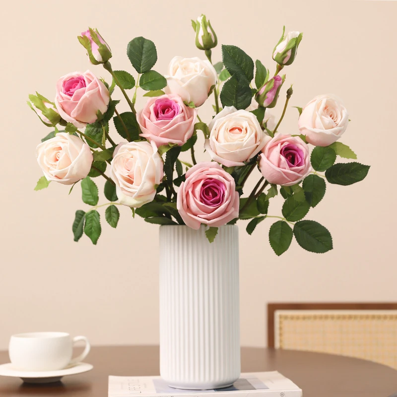 3头芬兰玫高级摆件玫瑰仿真花清新客厅餐桌酒店装饰假花摄影