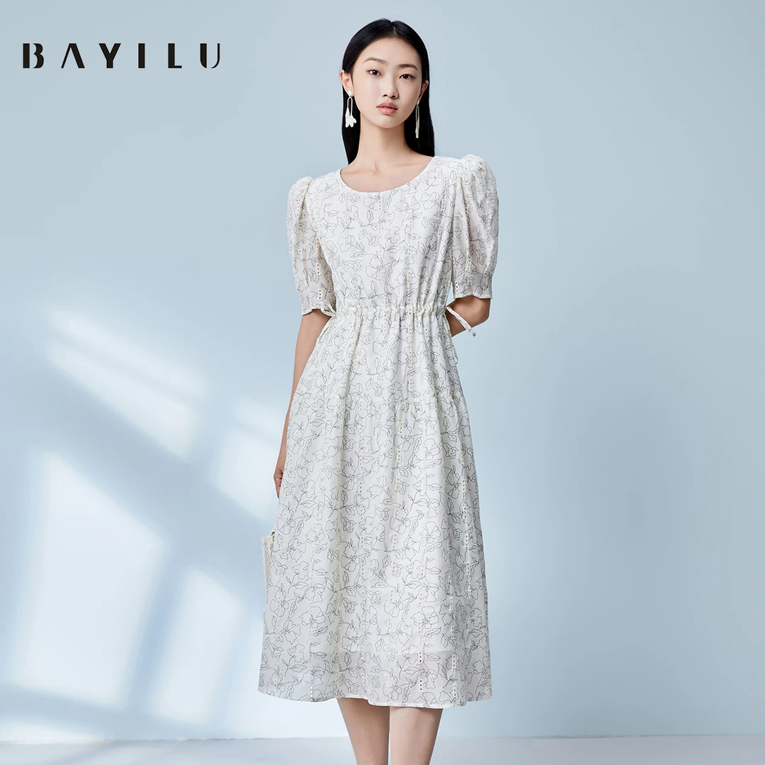 【立子】芭依璐夏季连衣裙女印花泡泡袖镂空通勤长裙90L7908