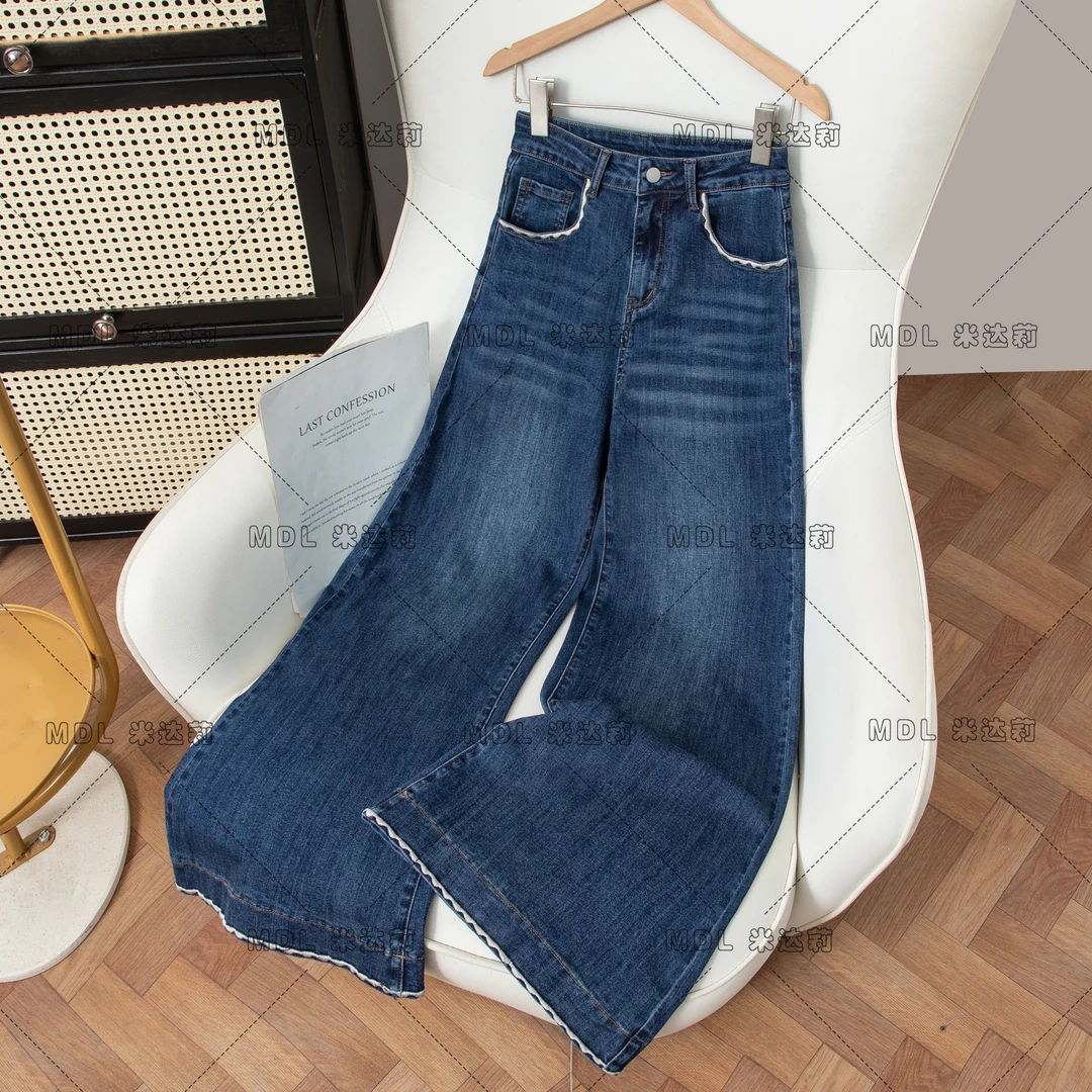 高腰阔腿裤牛仔裤女2025秋季网红刺绣新款弹力宽松直筒显瘦潮7938