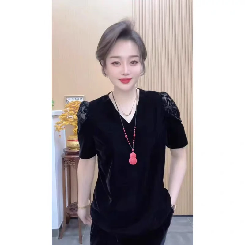 丝绒拼接烧花短袖V领时尚洋气短袖