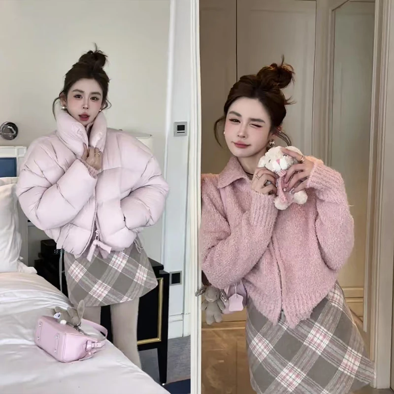 2025冬季新款立领保暖棉服韩系纯色通勤百搭显瘦上衣半身裙三件套