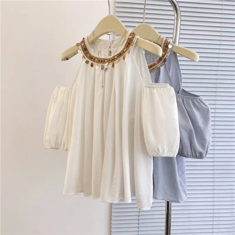 2025夏季新款韩系温柔风甜美减龄显瘦挂脖露肩衬衫宽松套头上衣潮