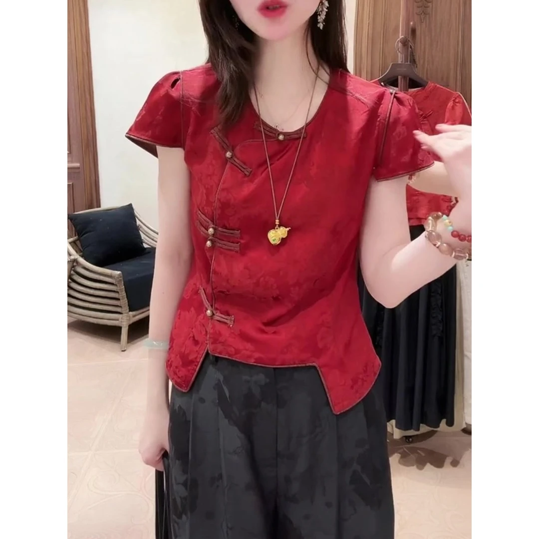 红色圆领短袖背心2025夏季新款女装斜襟门盘扣设计新中式国风上衣