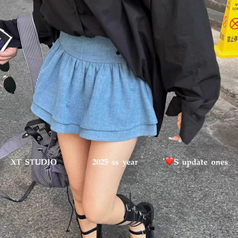 周日见 张元英同款2025春夏双层褶皱高腰半裙女百褶裙蓬蓬短裙