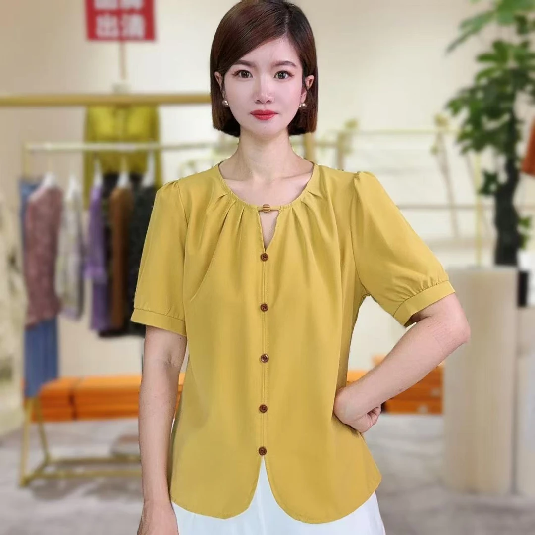 2025夏季新款圆领简约短袖衬衫时尚气质显瘦上衣女#2675