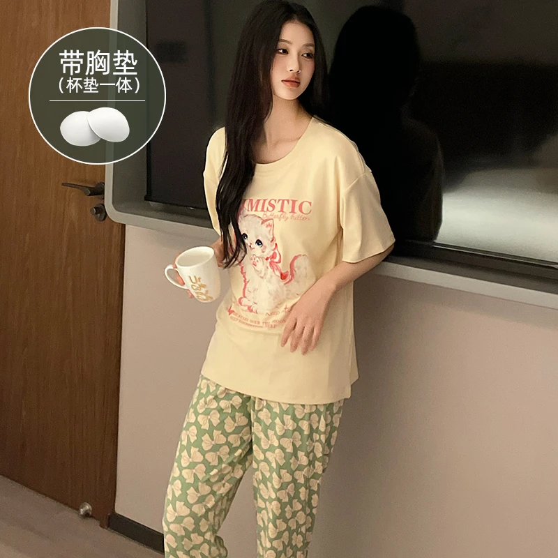 胸垫一体甜美猫咪睡衣女休闲夏季可爱短袖短裤家居服套装可外穿
