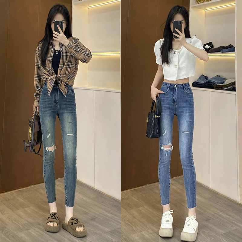 破洞牛仔裤女2025新款初秋网红高腰显瘦紧身九分小个子铅笔小脚裤