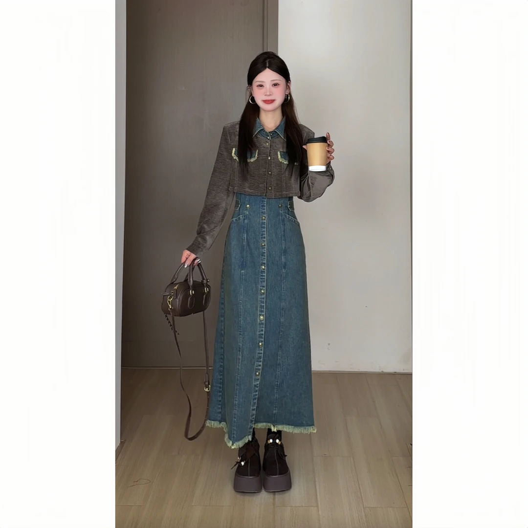 敏敏南岛风大码重工假两件牛仔长袖连衣裙胖mm显瘦遮肉长裙ZZM217