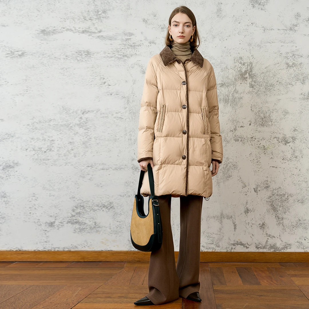 【90%鸭绒】中长款羽绒服女2025冬季加厚拼接翻领外套女
