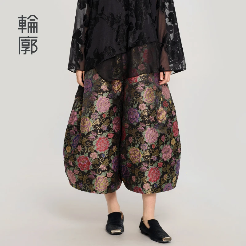 轮廓万花锦国风新中式阔腿裤文艺提花九分花苞休闲裤子女L251K009