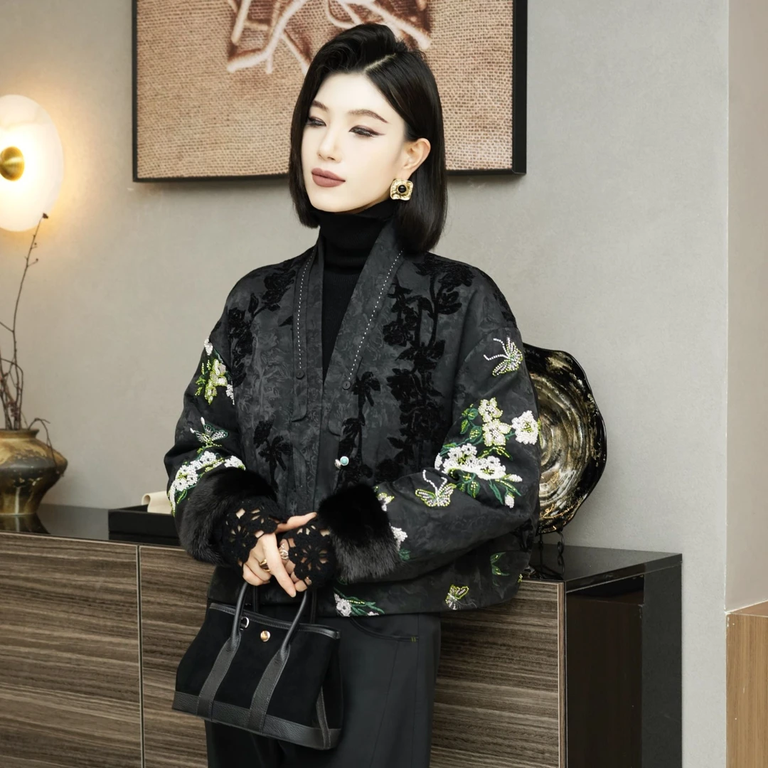 【西风翠】Z·R上品屋 精致国风重工钉珠提花羽绒服外套