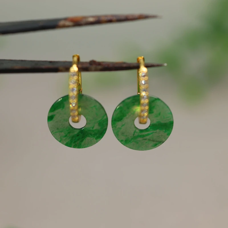 #I122冰种辣绿天然A货翡翠平安扣小环耳环耳坠  S925银圈镶嵌