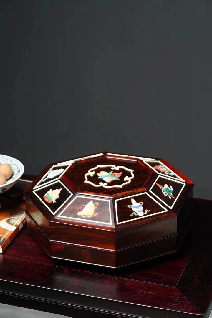 大红酸枝百宝镶嵌果盒坚果盘糖果盒，尺寸：30*30*11.5高
