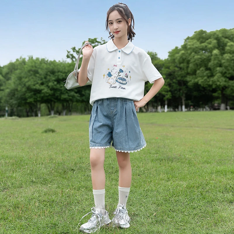 女童夏装套装2025新款洋气中大童夏季儿童休闲宽松短袖牛仔两件套