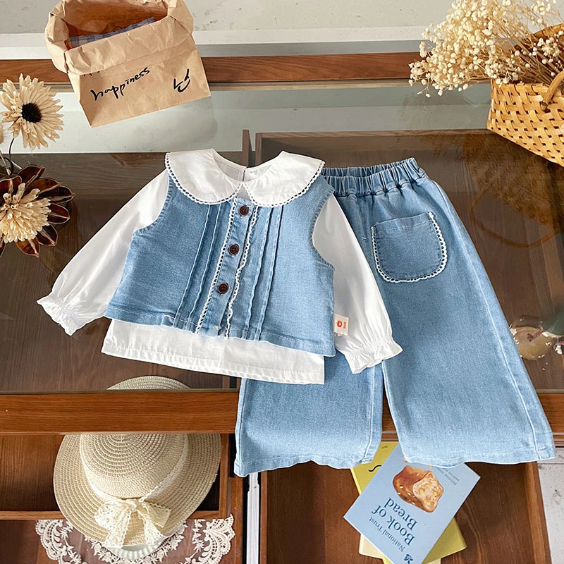 【现货】QT252016秋季新款女童套装女宝牛仔马甲裤子衬衫三件套秋款