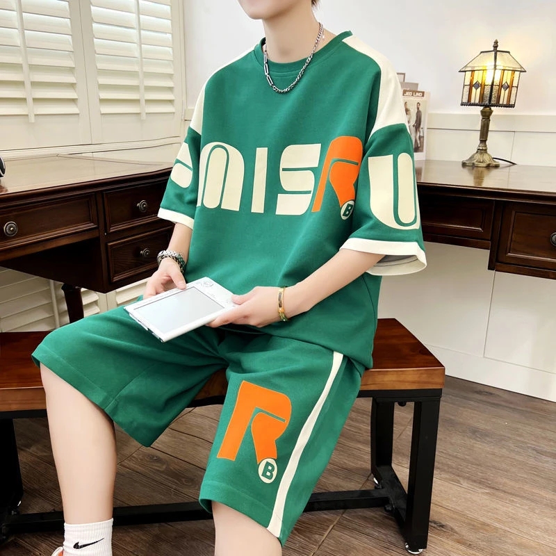 夏季简约短袖t恤男潮牌ins港风韩版炸街宽松百搭休闲五分短裤套装