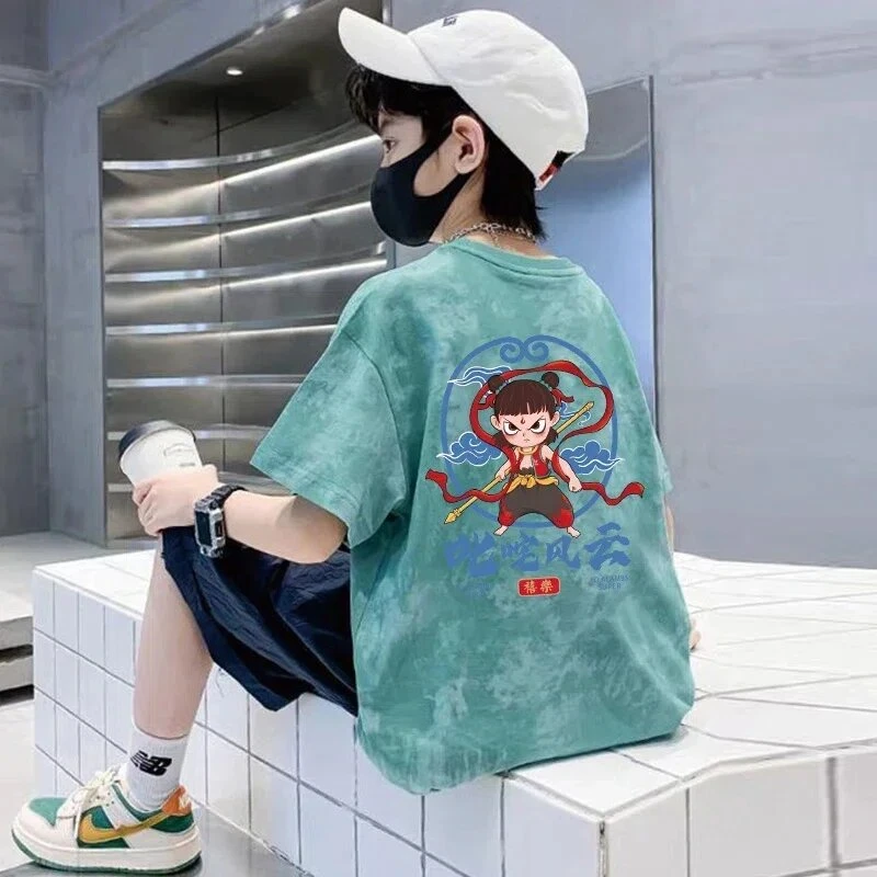 2025夏装新款儿童哪吒扎染短袖T恤童装纯棉印花潮流男女童上衣潮