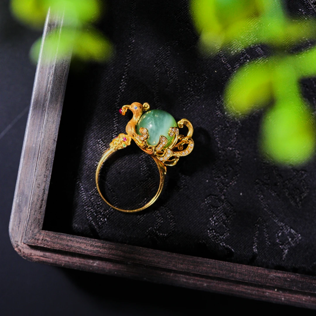 【诗蓉】和田玉冰闪猫眼18K金典藏级戒指AJ0067珠径约12mm