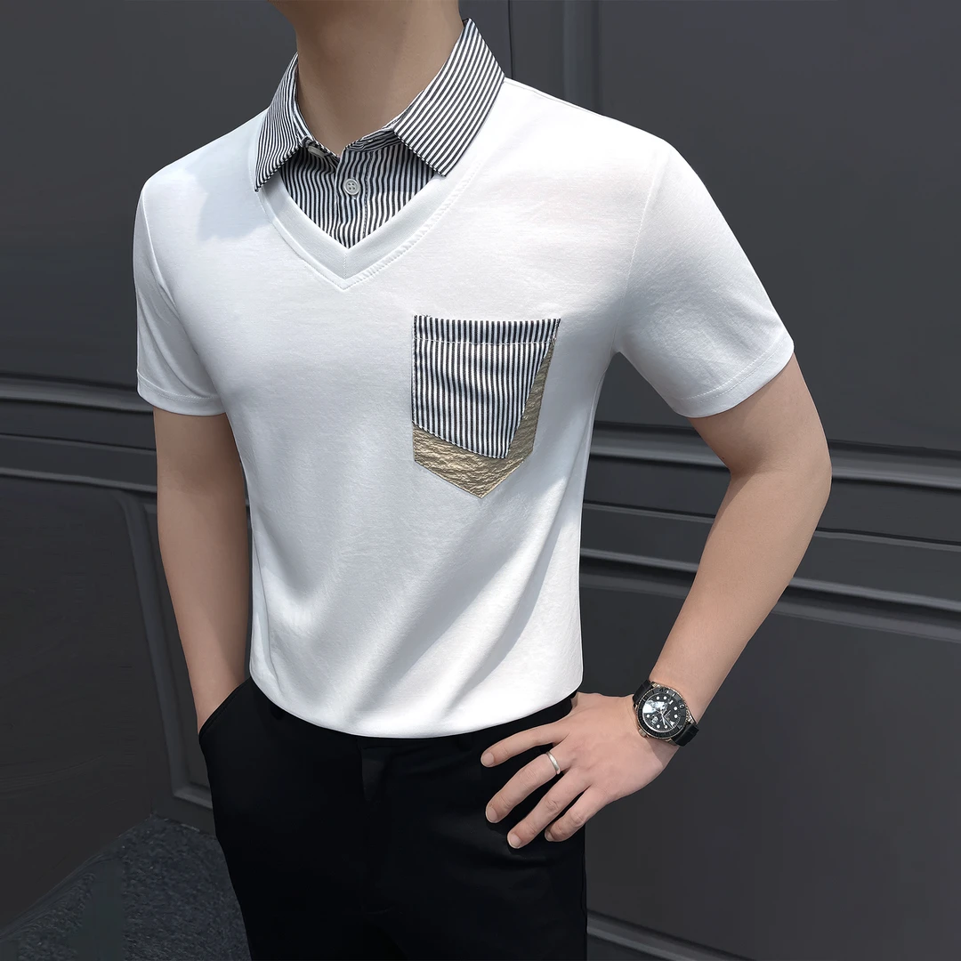 假两件条纹POLO衫男款爆款2025新款拼接口袋设计痞帅男士短袖t恤