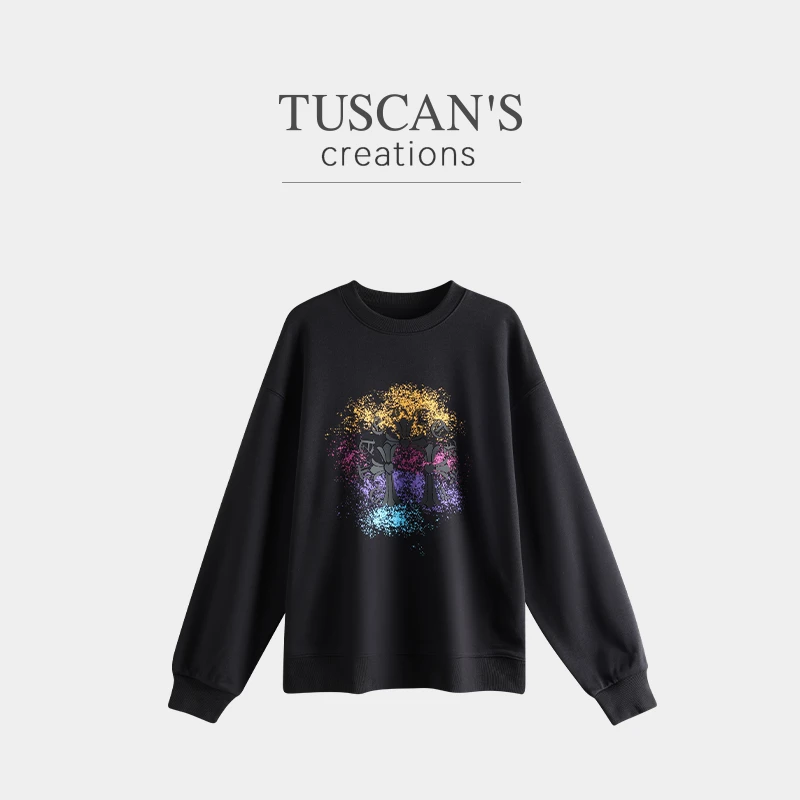 TUSCAN'S CREATIONS压花冬季圆领法式百搭卫衣秋季女秋冬螺纹长袖
