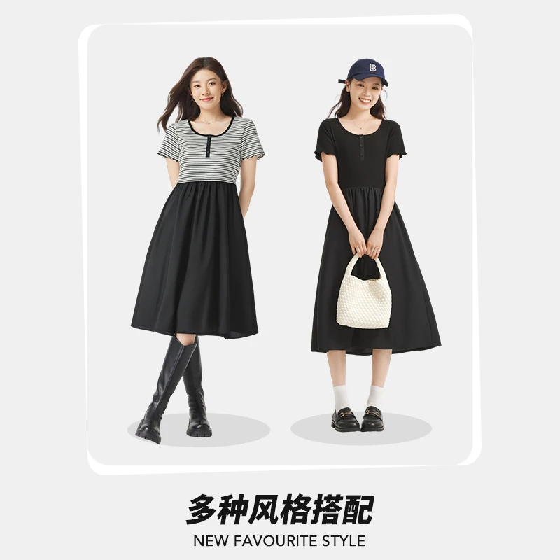 热风2025年秋季新款女士针梭拼接长裙圆领赫本风小黑裙F19W25700