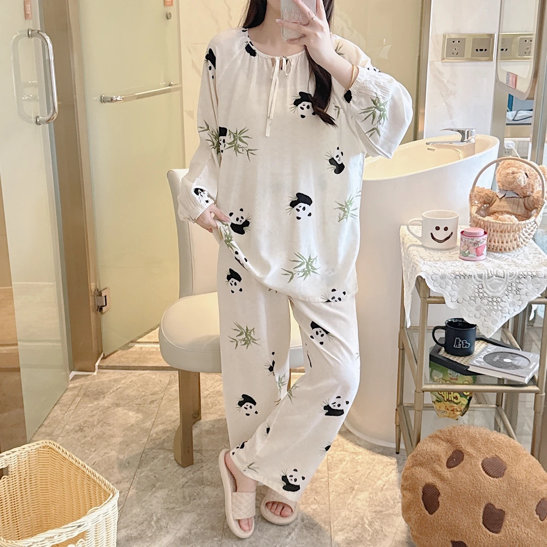 春夏季长袖甜美女款吸汗大码常规款睡衣家居服套装薄款两件长袖
