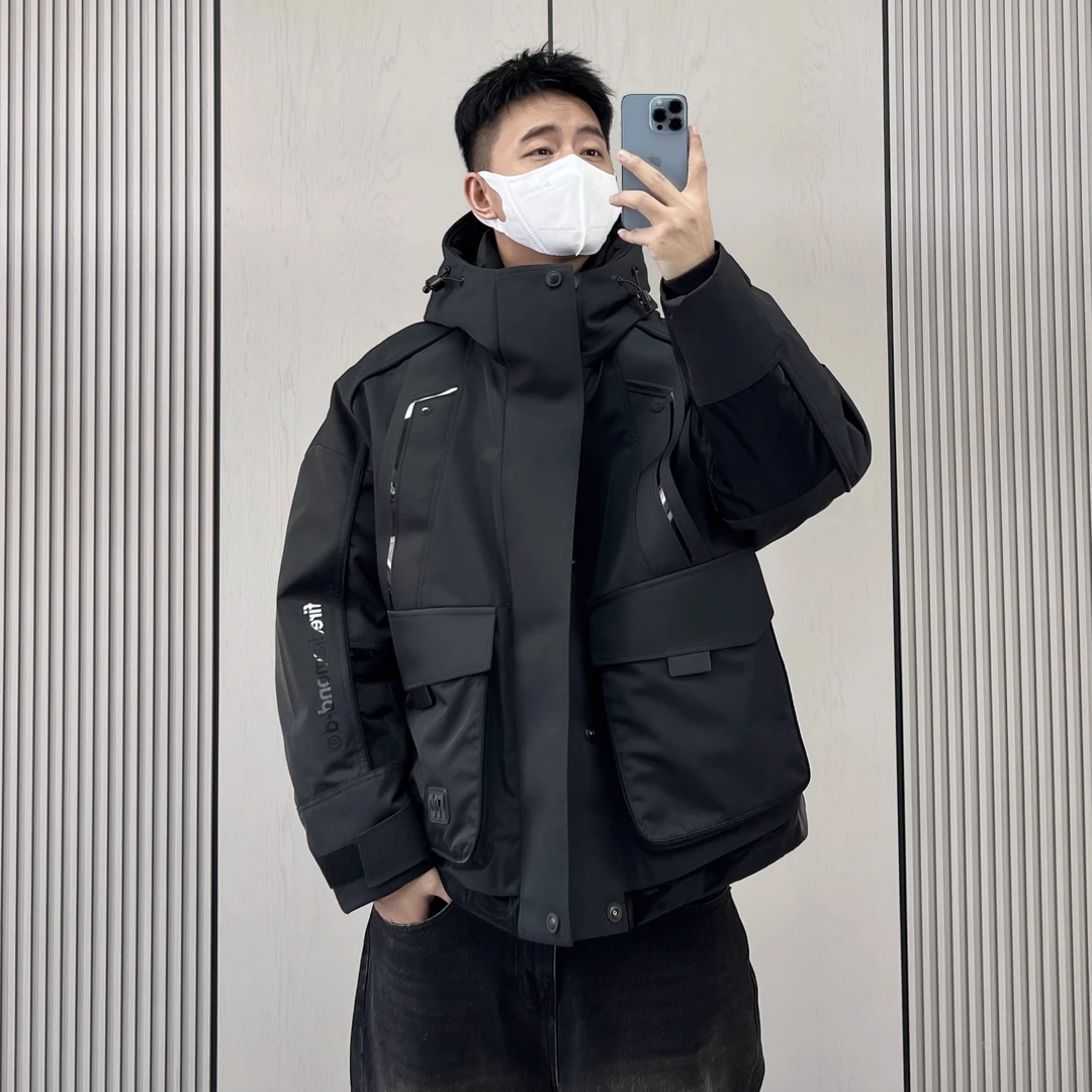 90白鸭绒工装连帽加厚羽绒服男款冬季潮牌设计感休闲宽松拼接外套