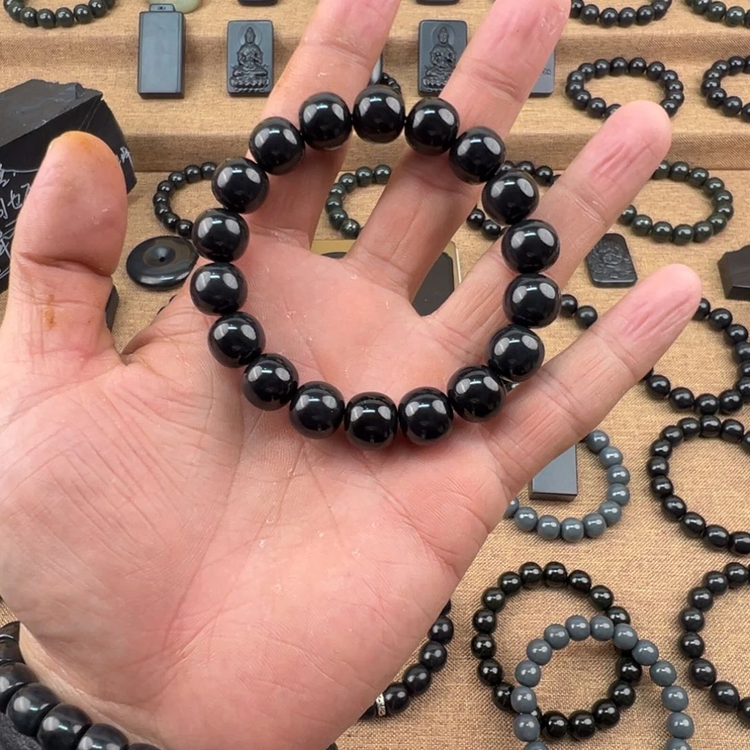 未镶嵌手链和田玉墨玉98墨12精工老型手串