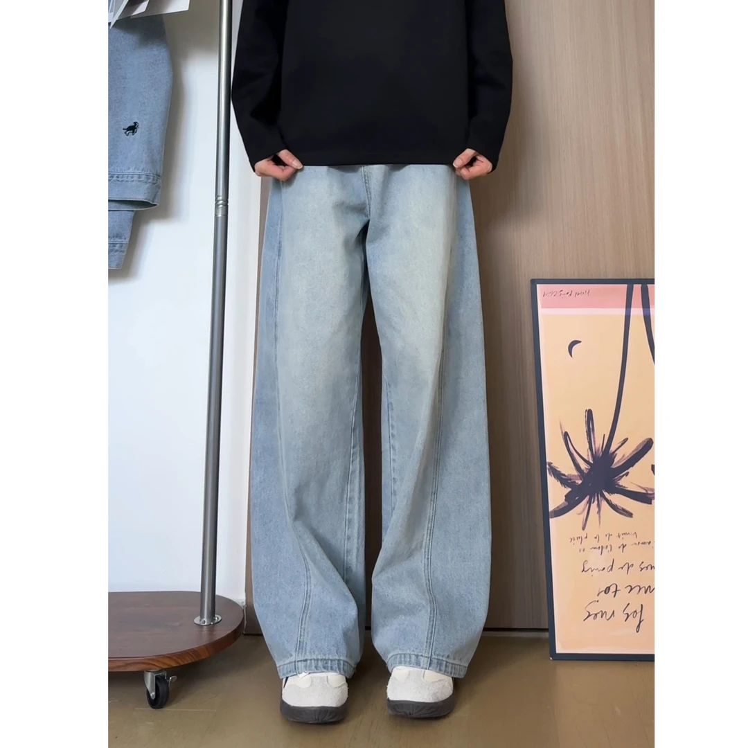 美式牛仔裤休闲百搭直筒宽松水洗做旧设计感