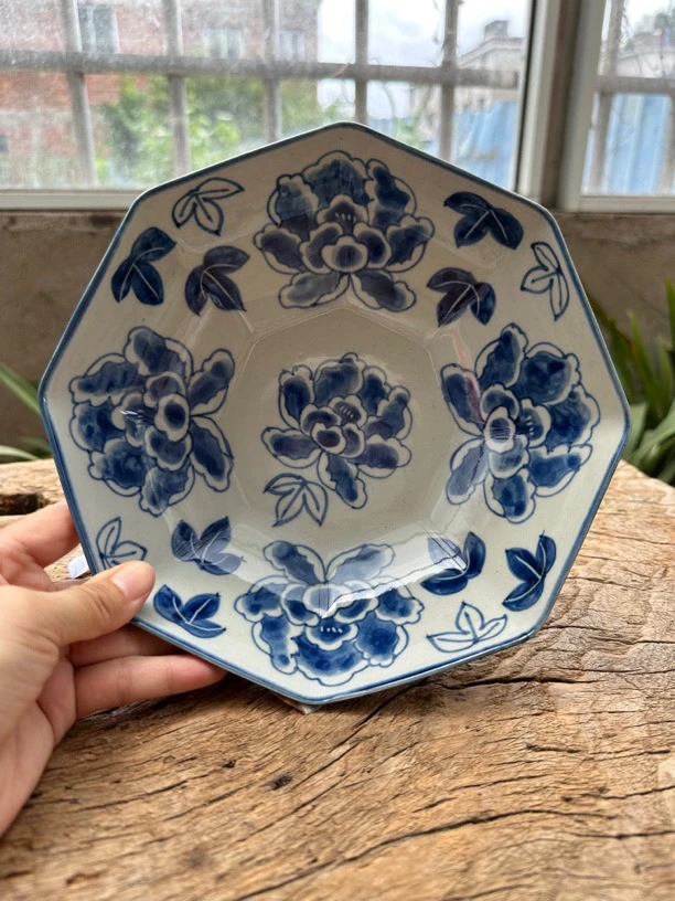 【近山古美】白底牡丹大八角手工手绘釉下彩高温瓷