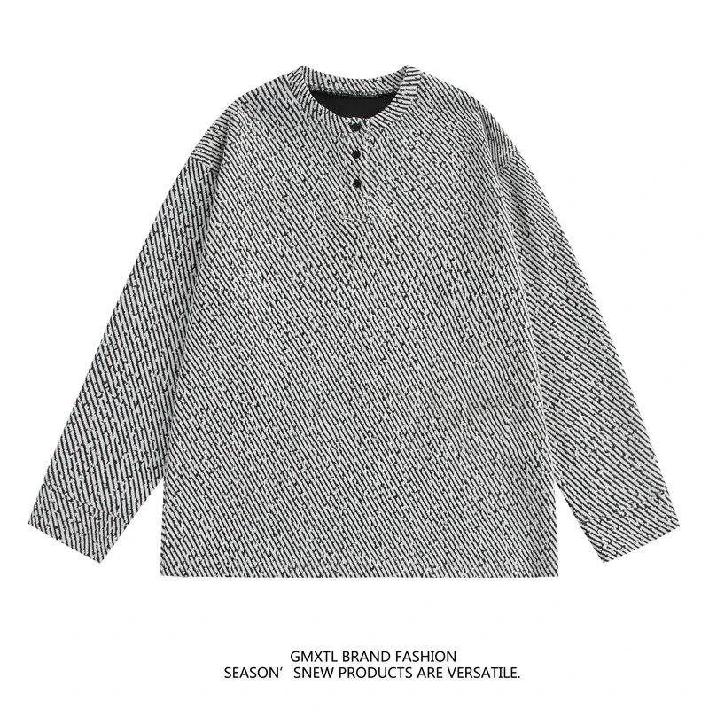 美式亨利领百搭提花T恤男春季cleanfit圆领卫衣潮牌情侣打底上衣