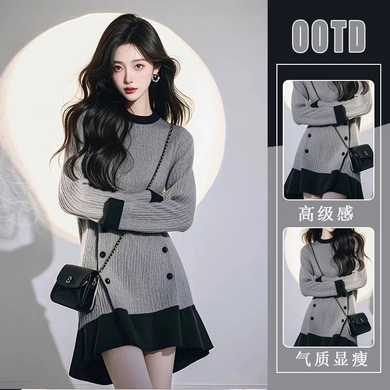 2025春季今年流行气质经典百搭高级慵懒风好看灰色拼接休闲连衣裙